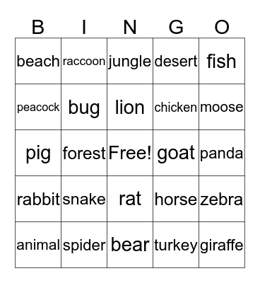 Animals Bingo Card
