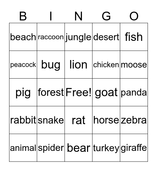 Animals Bingo Card