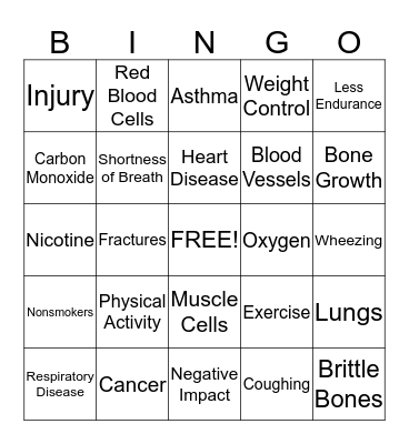 Smoking and Physical Activity Bingo Card
