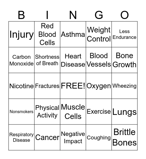 Smoking and Physical Activity Bingo Card