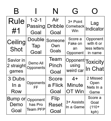 Rocket League Bingo 2 Bingo Card