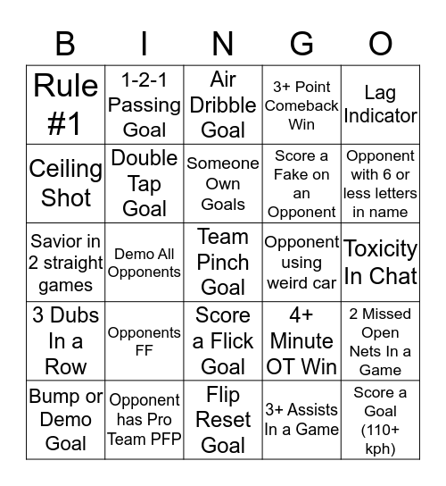 Rocket League Bingo 2 Bingo Card
