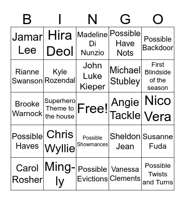 Big Brother Canada Season 8 Bingo Card