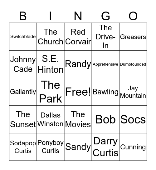 The Outsiders Ch. 1-4 Bingo Card