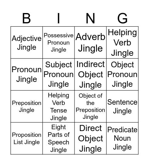 Grammar Jingles Bingo Card