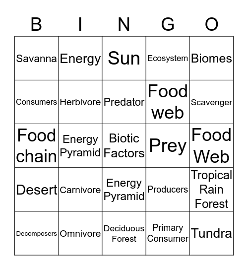 Food Chains, Food Webs, and Biomes Bingo Card