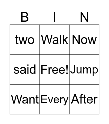 Sight Words Bingo Card