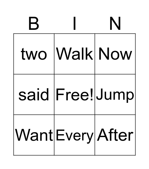 Sight Words Bingo Card