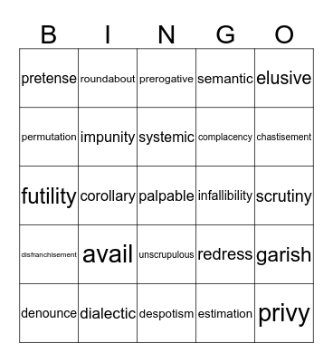 Vocabulary Words Bingo Card