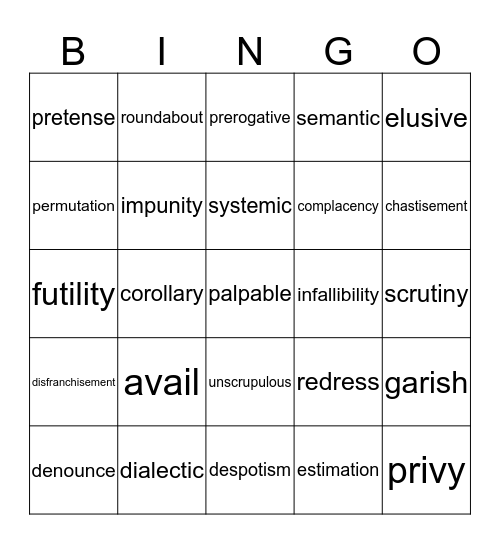 Vocabulary Words Bingo Card