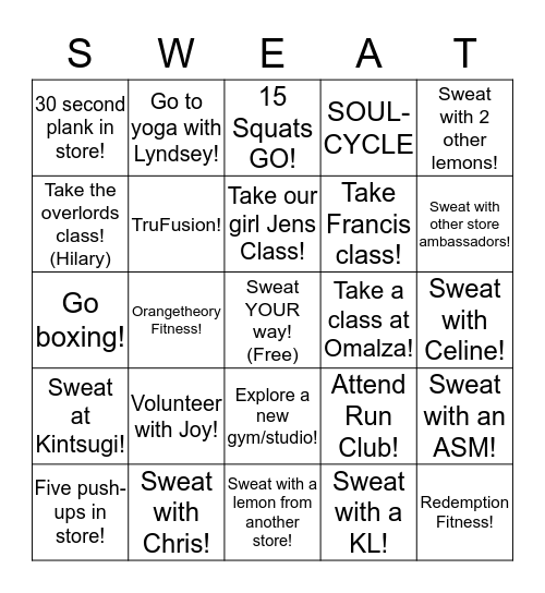 SWEAT MADNESS Bingo Card