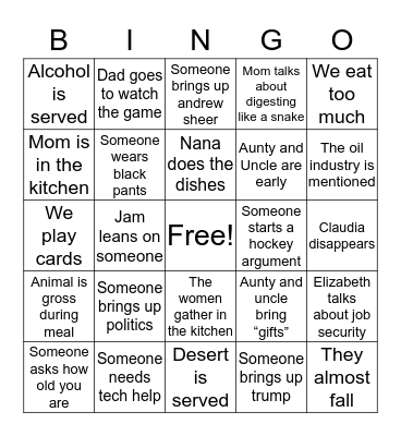 Family Event Bingo Card