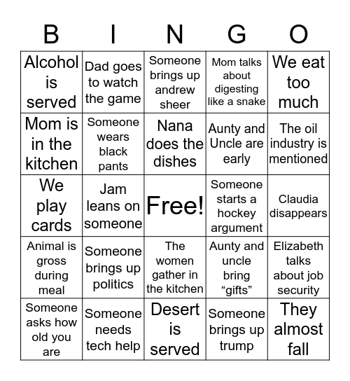 Family Event Bingo Card