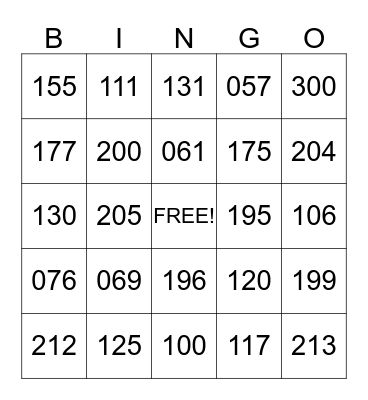 Sequence Number Bingo Card