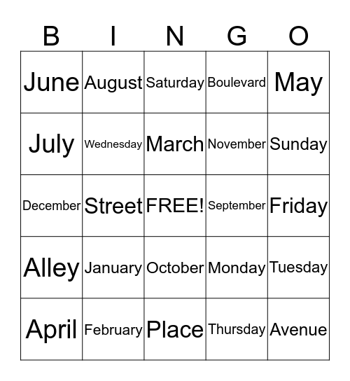 Months & Days Bingo Card