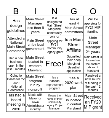 Main Street Maryland Bingo Card