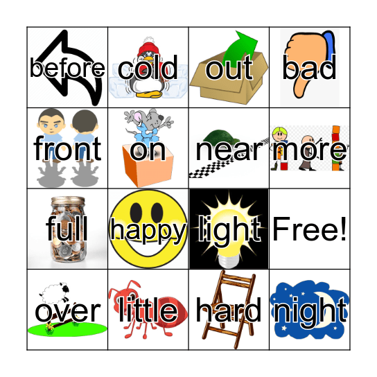 Opposites Bingo Card