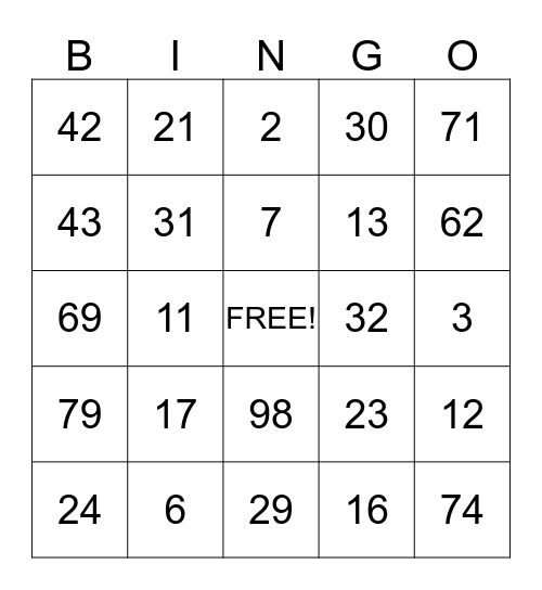 Number bingo Card