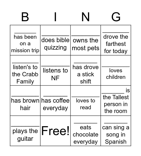 Youth Bingo  Bingo Card