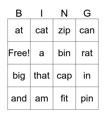 Vocabulary Bingo Card