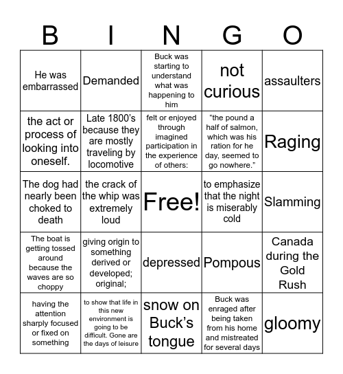 Call of the Wild Vocabulary Bingo Card