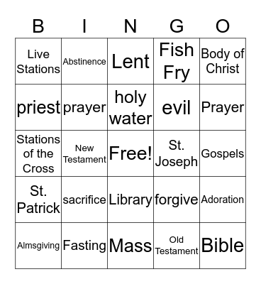 Lenten Mass Bingo Card