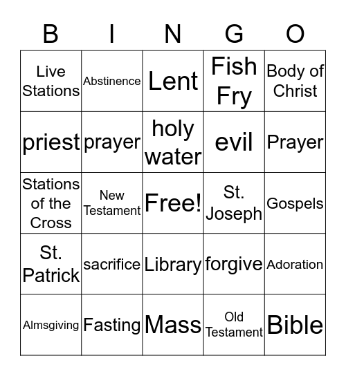 Lenten Mass Bingo Card