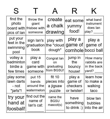 IAN'S COLLEGE GRADUATION PARTY Bingo Card