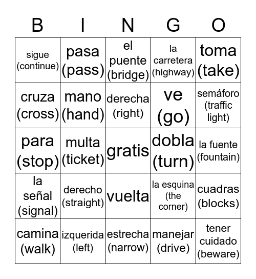 Directions Bingo Card
