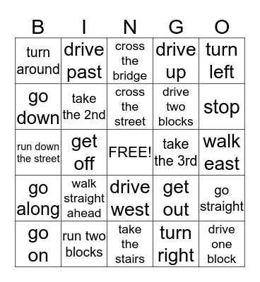 Directions Imperatives Bingo Card