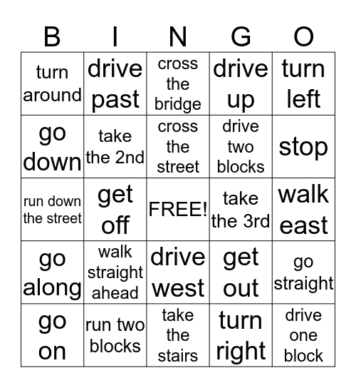Directions Imperatives Bingo Card