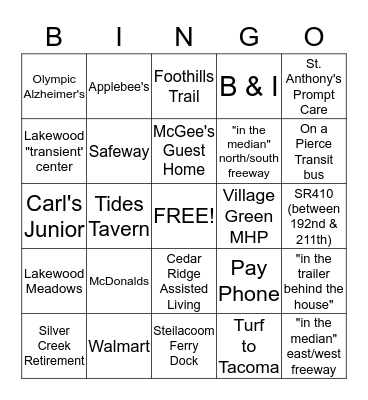 Common Place Bingo Card