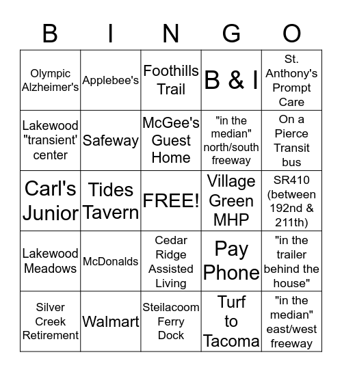 Common Place Bingo Card