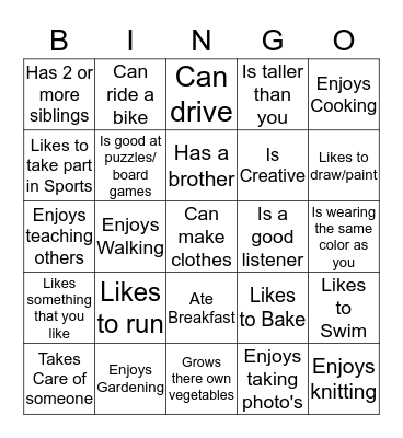 Getting to know you Bingo Card