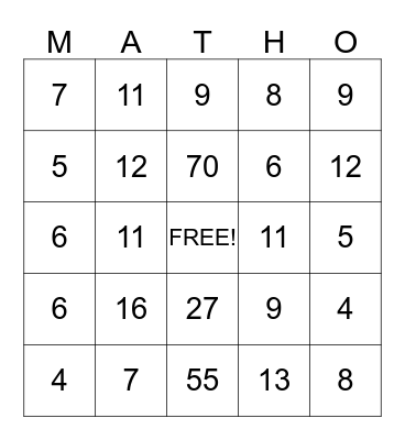 Addition Math-O Bingo Card
