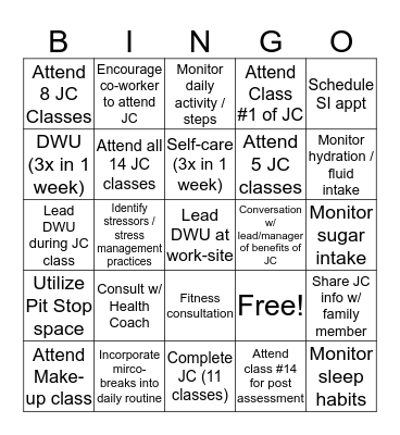Job Conditioning Bingo Card