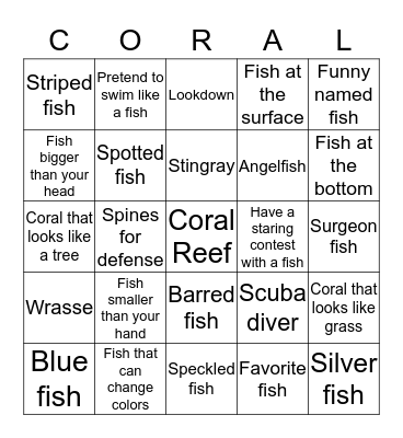 Coral Reef Shallow: Spot 5 blocks in a row to get CORAL! Bingo Card