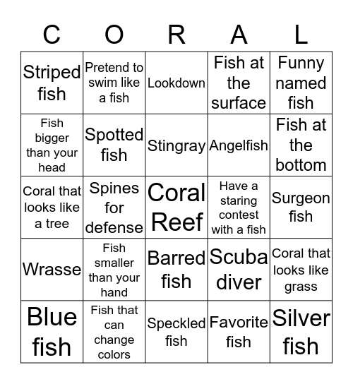 Coral Reef Shallow: Spot 5 blocks in a row to get CORAL! Bingo Card