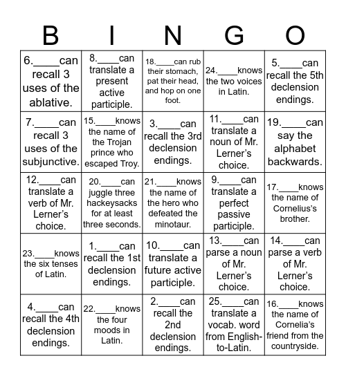 Human Bingo: Latin Edition Bingo Card