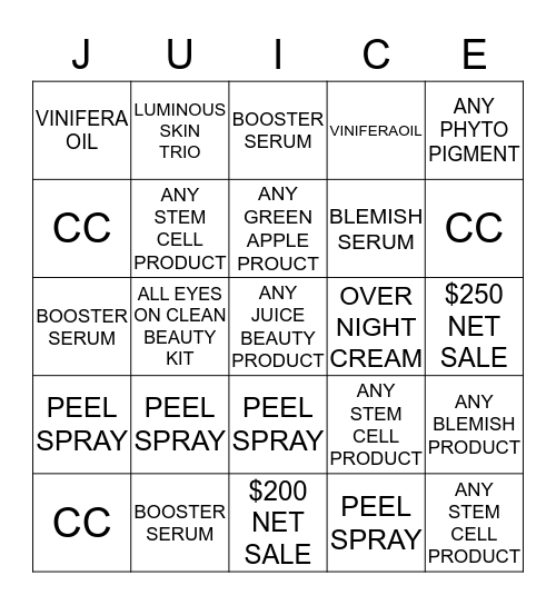 JUICE BEAUTY THE ORIGINAL GREEN! Bingo Card
