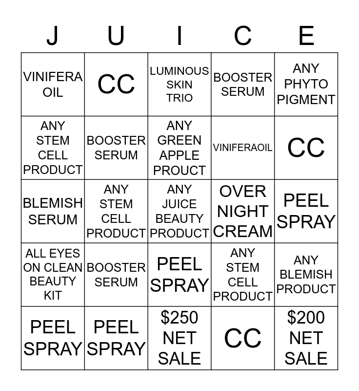 JUICE BEAUTY THE ORIGINAL GREEN! Bingo Card
