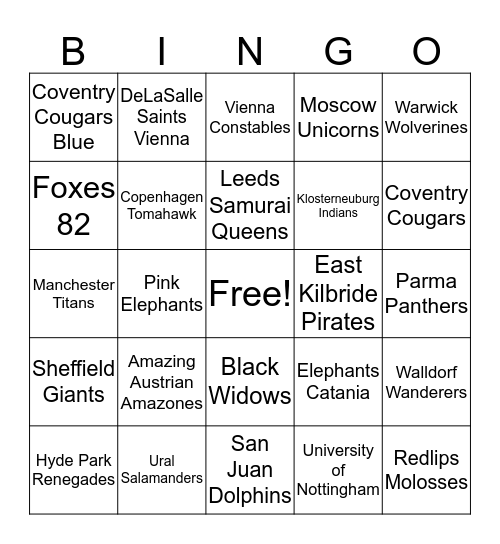 Womens Teams Bingo Card