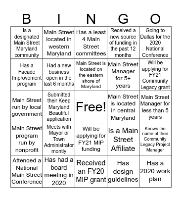 Main Street Maryland  Bingo Card