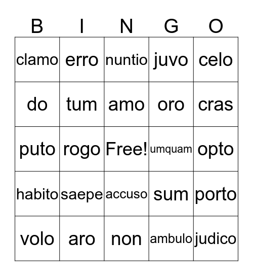 Latin Vocabulary Bingo Card