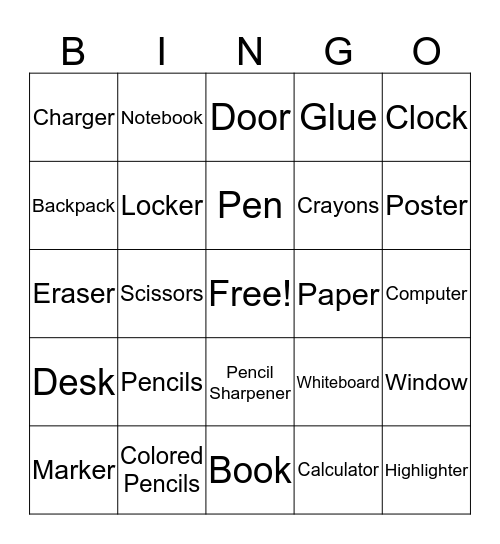 School Supplies Bingo Card