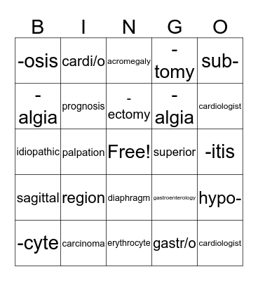 Medical Terminology Bingo Card