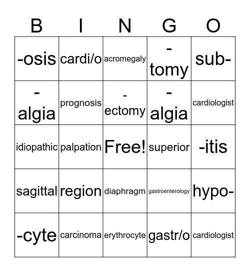 Medical Terminology Bingo Card