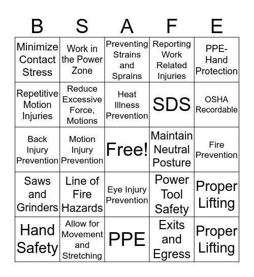 Safety Buck Bingo Card