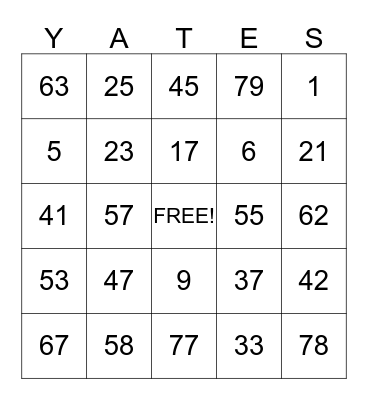 YATES FAMILY BINGO Card