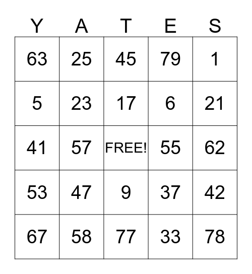 YATES FAMILY BINGO Card